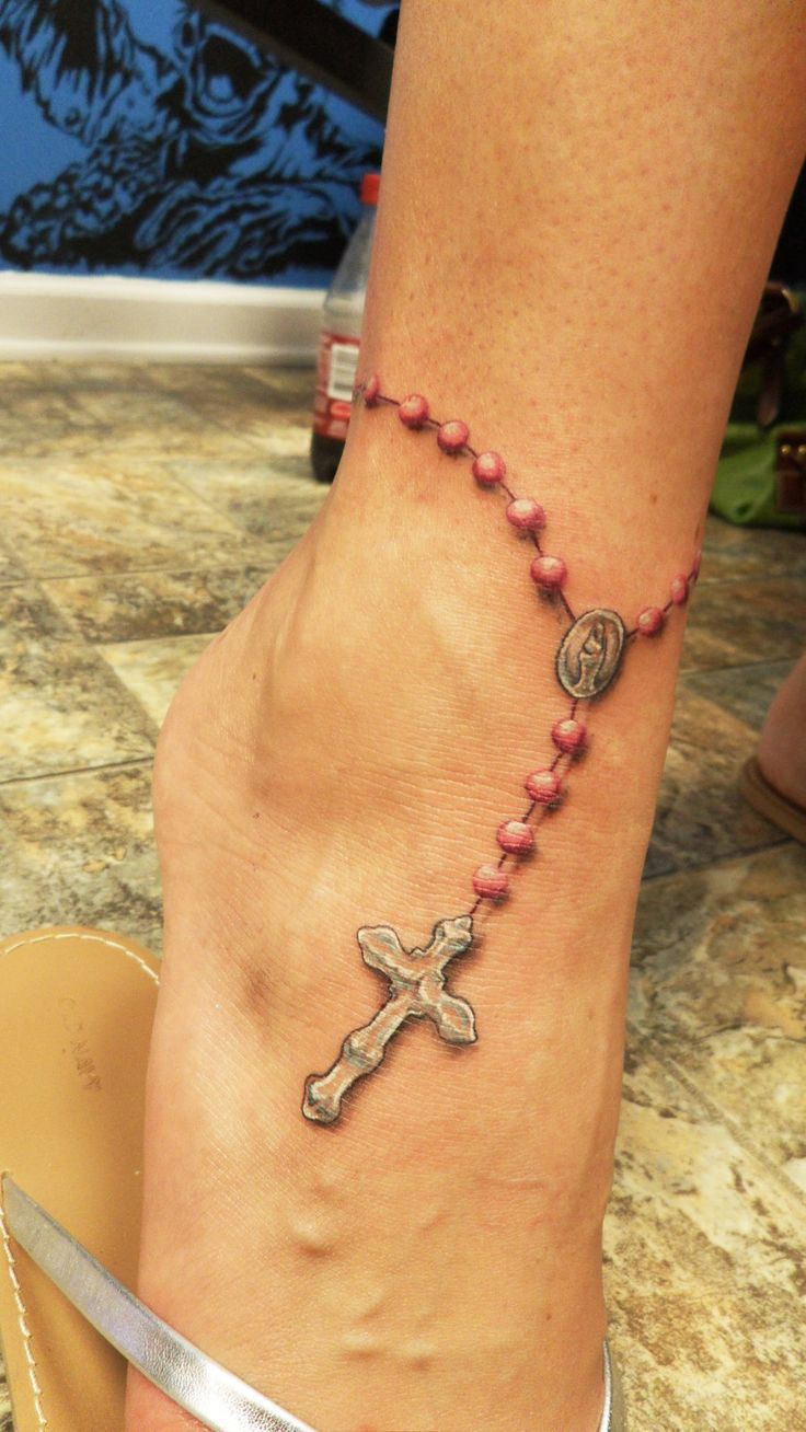 Amazing Realistic Rosary Tattoo On Foot