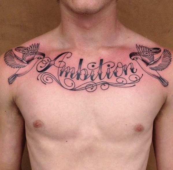 Ambition Word And Dove Tattoos On Front Shoulders
