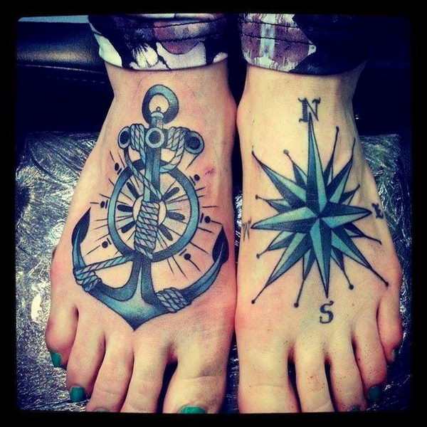 Anchor And Compass Tattoos On Both Feet