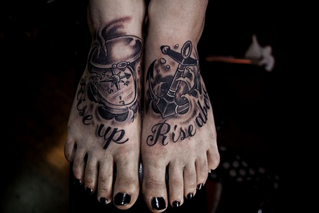 Anchor And Compass Wording Feet Tattoo