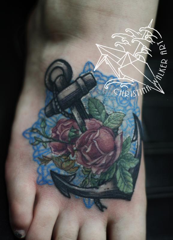 Anchor And Roses Color Tattoo On Foot By Christina Walker