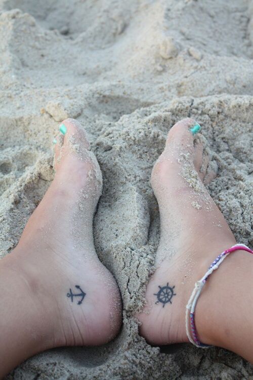 Anchor And Ship Wheel Tattoos On Feet For Girls