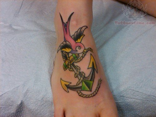 Anchor And Swallow Traditional Tattoo On Foot