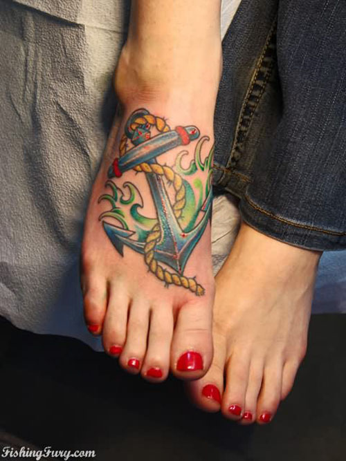 Anchor Color Tattoo On Foot For Women