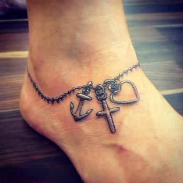 Anchor Cross And Heart Bracelet Tattoo On Ankle