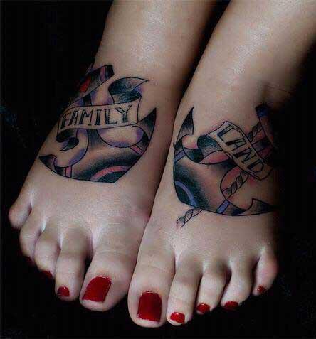 Anchor Family Land Traditional Tattoos On Feet For Girls