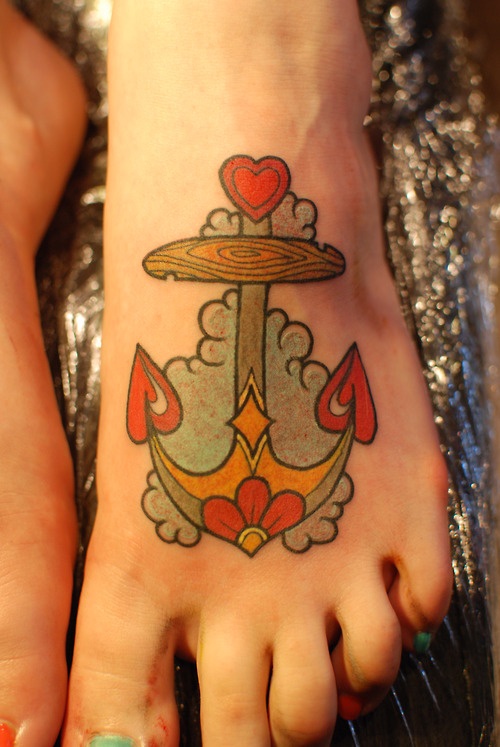 Anchor Heart And Clouds Traditional Tattoo On Foot