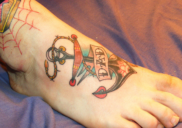 Anchor Memorial Traditional Tattoo On Foot