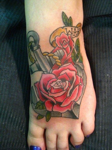 Anchor Roses Banner Traditional Foot Tattoo For Girls