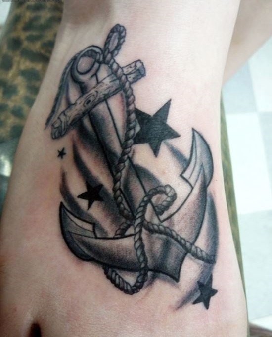 Anchor Stars Tattoo On Foot For Guys