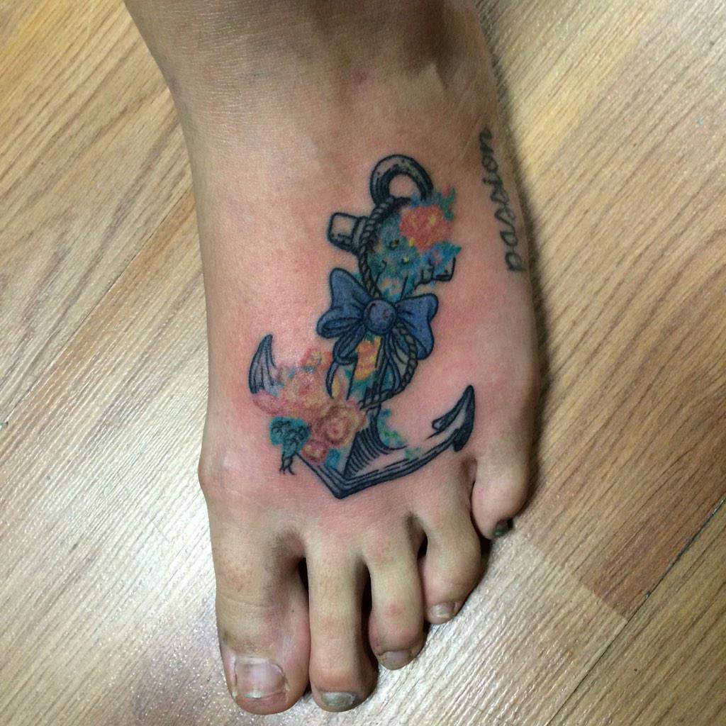 Anchor With Bow And Flowers Tattoo On Leg