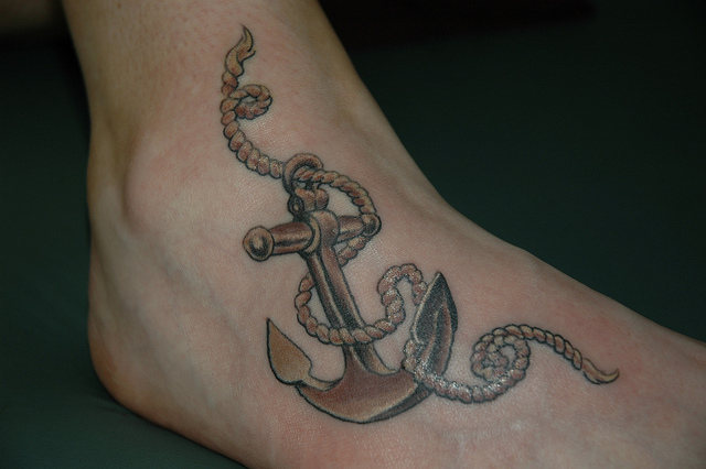 Anchor With Rope Tattoo On Right Foot