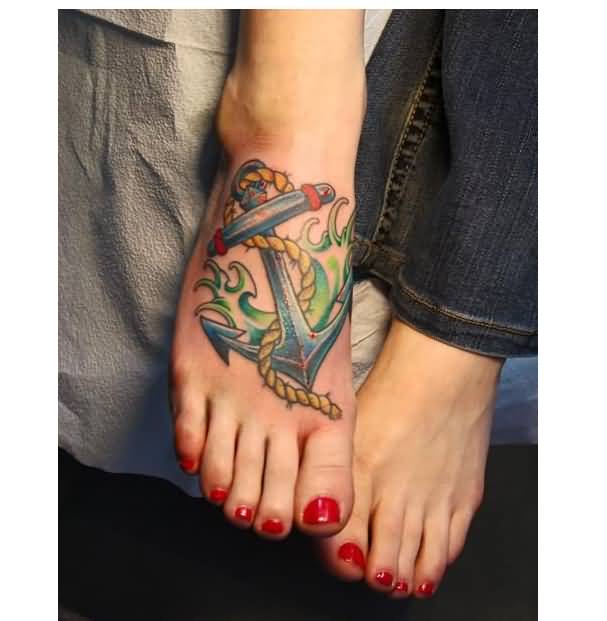 Anchor With Rope Traditional Tattoo On Foot For Girls