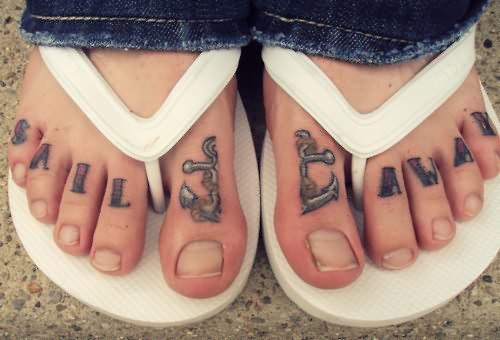Anchor Words Tattoo On Toes