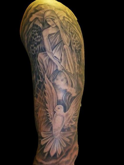 Angel And Dove Tattoo On Left Sleeve