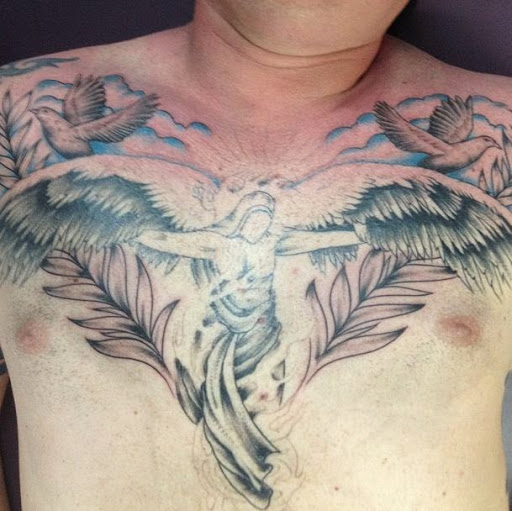 Angel And Flying Dove Tattoos On Chest For Men