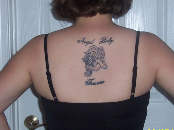 Angel Baby Forever Tattoo On Upper Back For Women