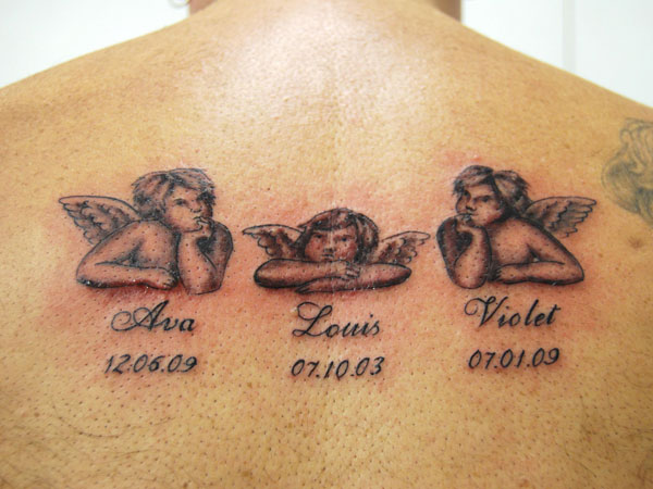 Angel Cherubs Memorial Tattoo On Upper Back