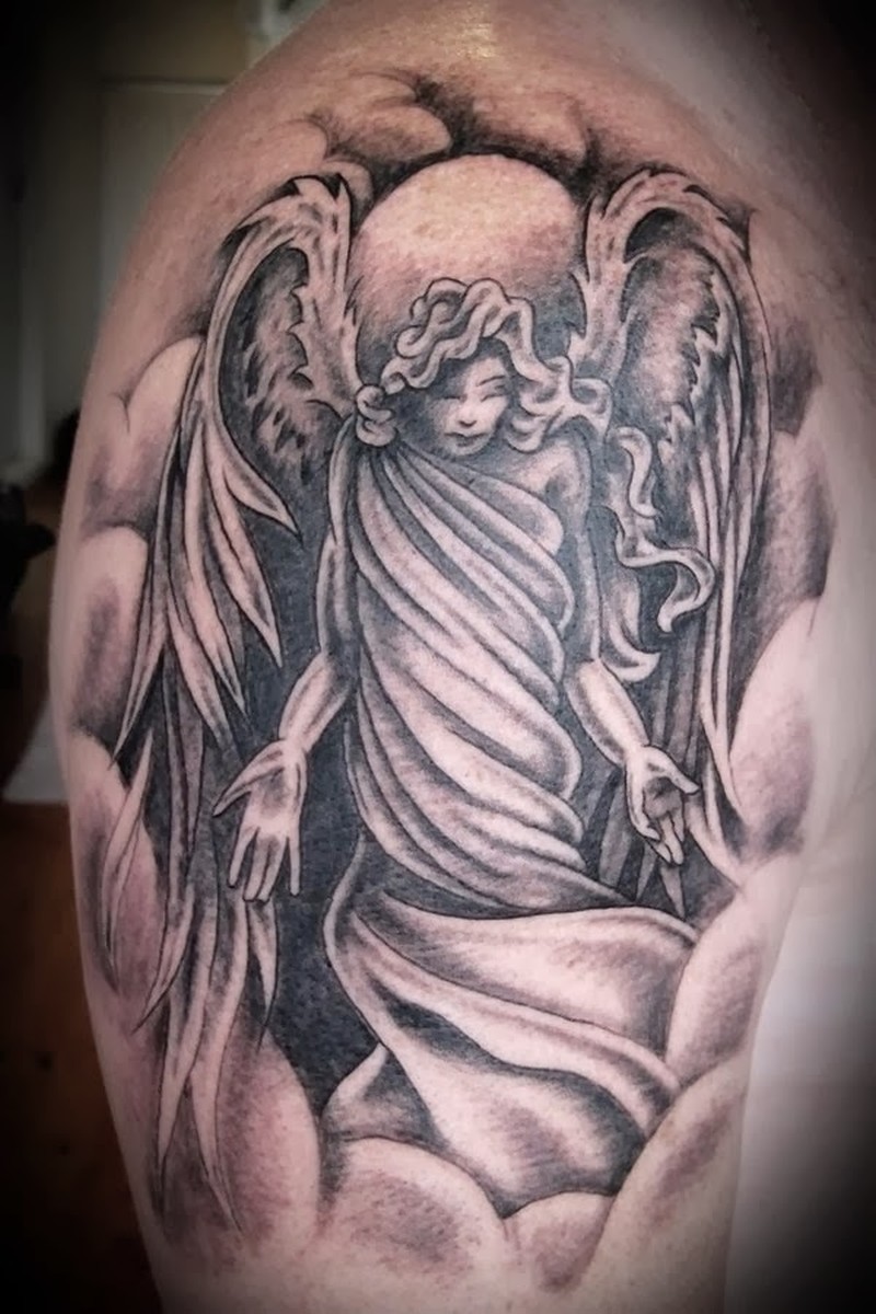 Angel Clouds Tattoo On Man Right Shoulder