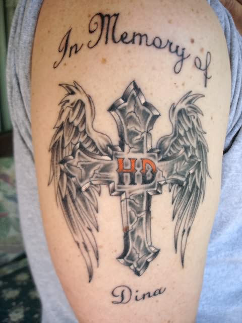Angel Cross Memorial Tattoo For Dina On Half Sleeve
