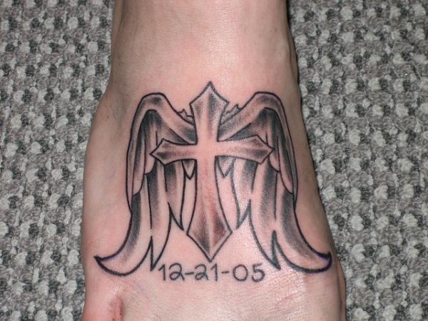 Angel Cross Memorial Tattoo On Foot