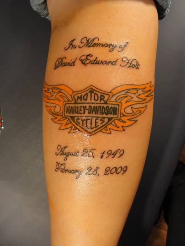Angel Harley Davidson Memorial Tattoo On Forearm