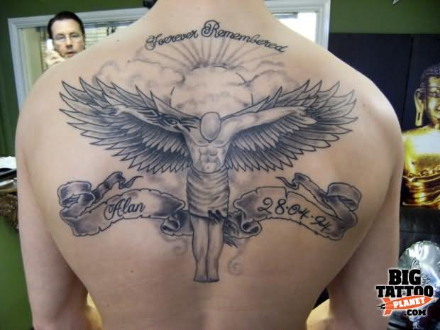 Angel Memorial Tattoo On Upper Back
