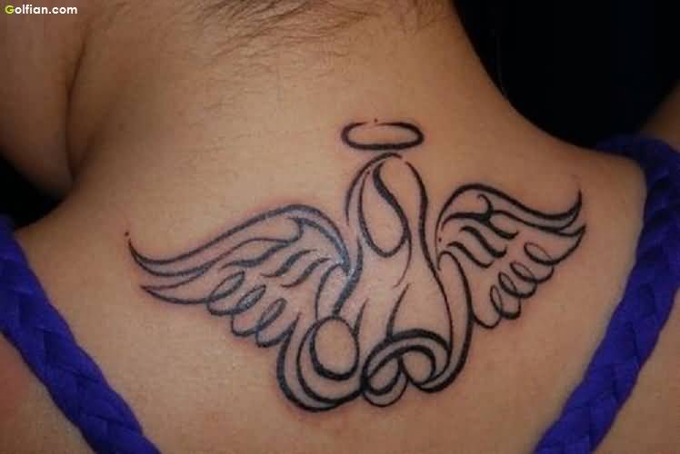 Angel Symbol Tattoo On Upper Back For Girls