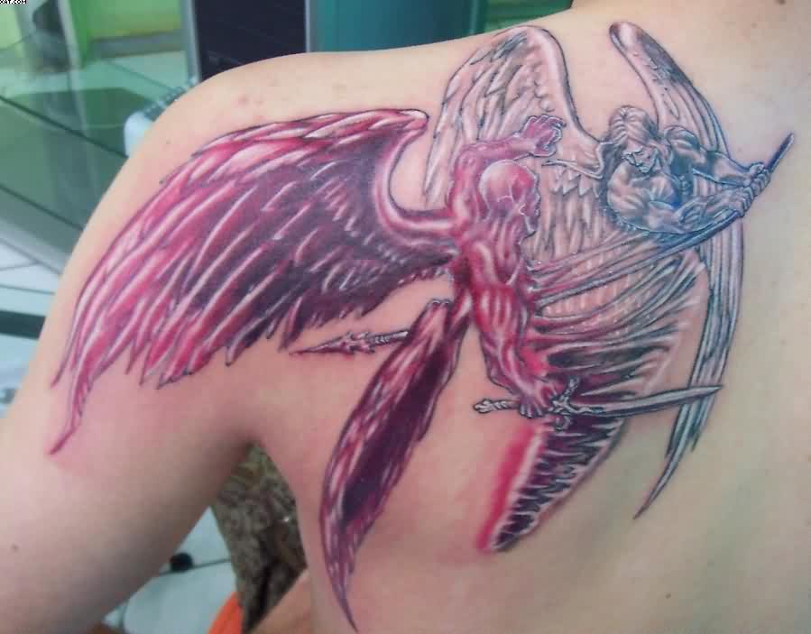 Angel Vs Evil Tattoo On Back Shoulder For Men
