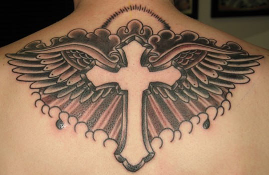 Angel Winged Cross Tattoo On Upper Back