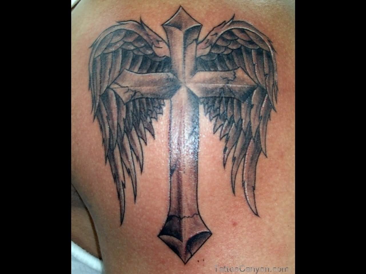 Angel Wings Cross Tattoo On Back Shoulder For Men