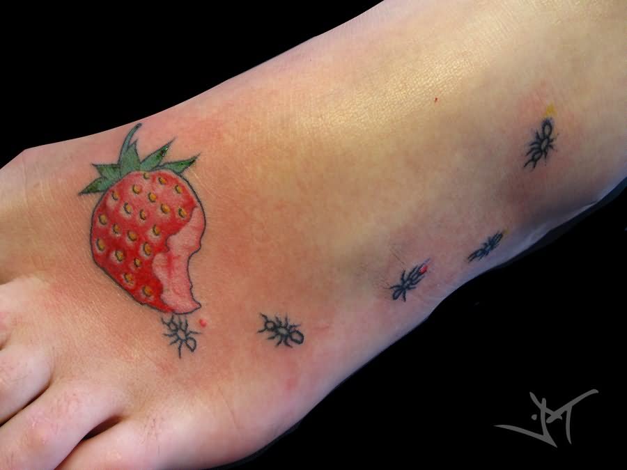 Ants Eating Strawberry Tattoo On Foot