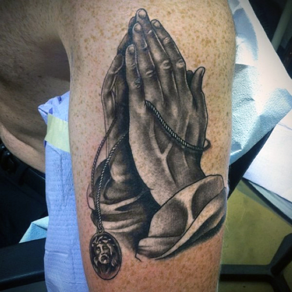Arm Praying Hands And Rosary Tattoo For Men