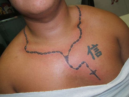 Asian Rosary Tattoo On Chest