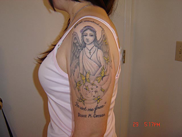 Attractive Angel Memorial Butterflies Tattoo On Left Half Sleeve