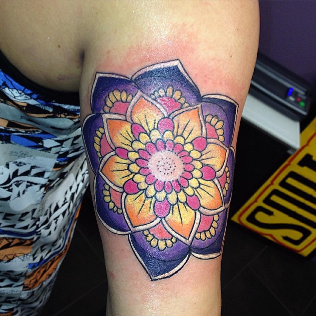 Attractive Color Mandala Flower Tattoo On Sleeve