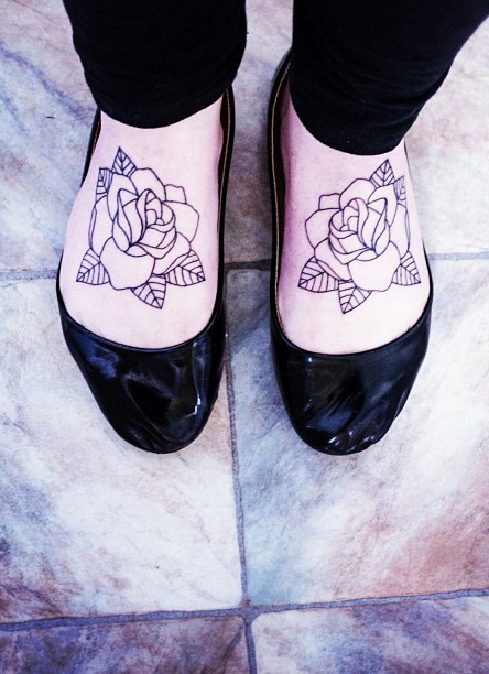 Attractive Rose Traditional Matching Tattoos On Both Feet