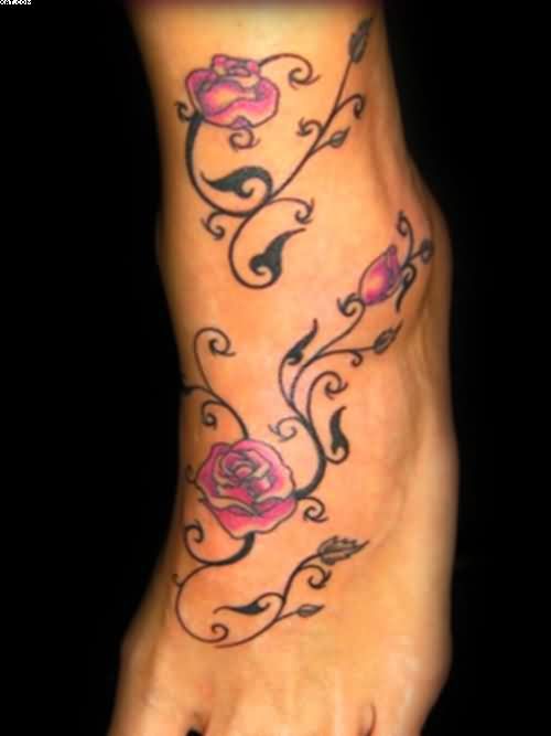 Attractive Roses Vine Tattoo On Foot