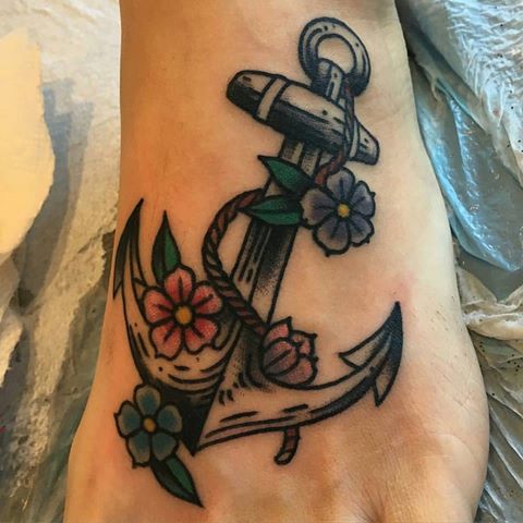 Attractive Traditional Anchor Foot Tattoo