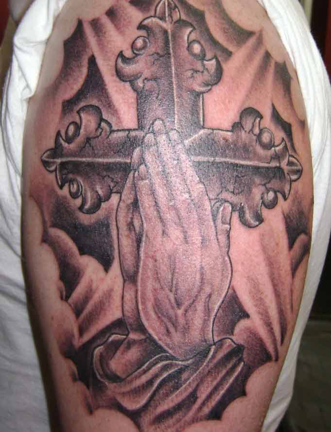 Awesome 3D Cross And Praying Hands Tattoo For Men