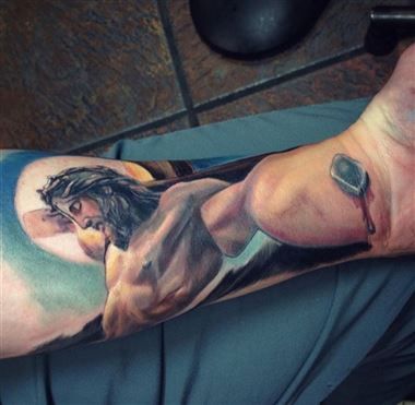 Awesome 3D Jesus Christianity Tattoo On Forearm