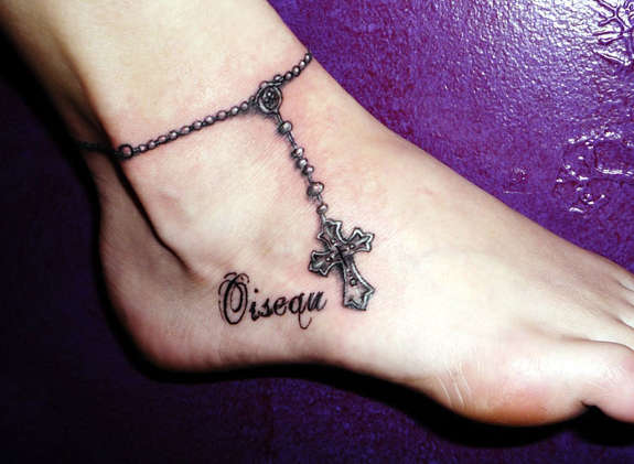 Awesome 3D Rosary Bracelet Tattoo On Foot