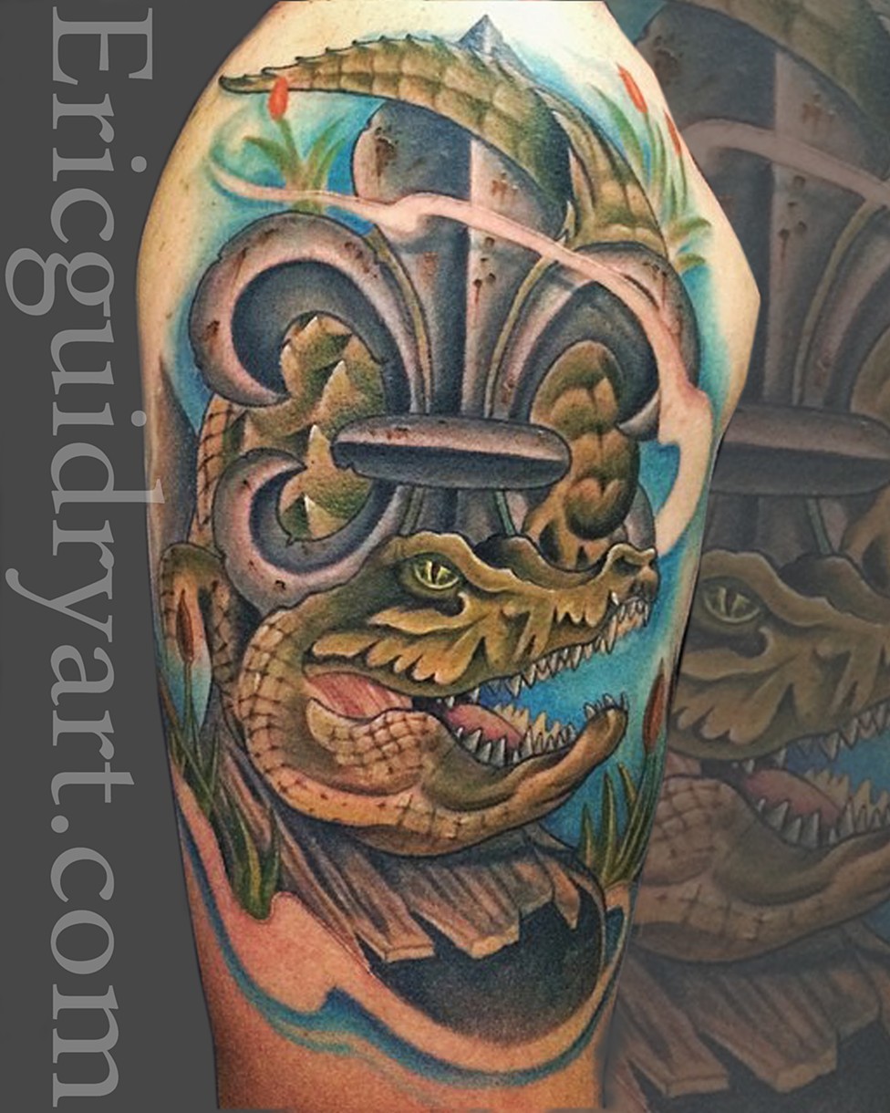Awesome Alligator With Fleur De Lis Tattoo On Half Sleeve