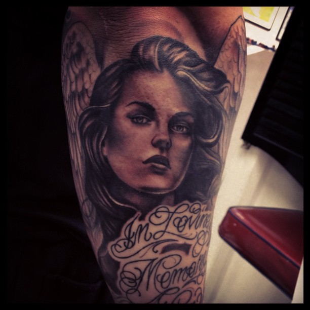 Awesome Angel Girl Memorial Tattoo On Sleeve