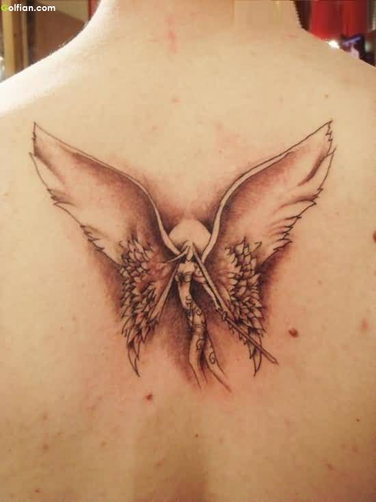 Awesome Angel Girl With Great Wings Tattoo On Upper Back