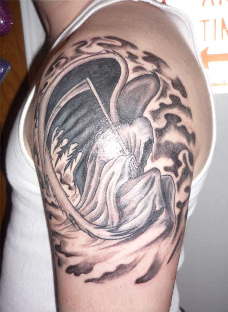 Awesome Angel Of Death Tattoo On Man Shoulder