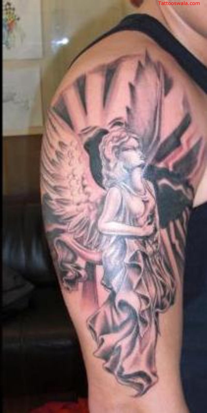 Awesome Angel Tattoo On Man Right Shoulder