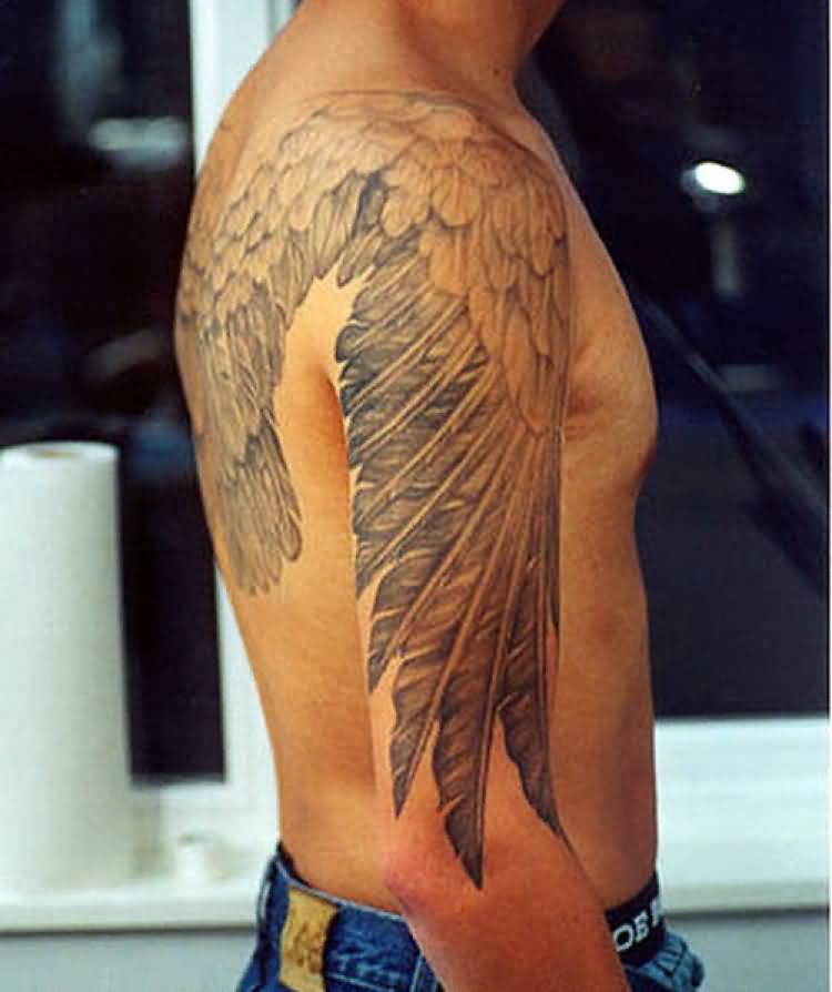 Awesome Angel Wings Tattoo On Back Shoulder And Half Sleeve