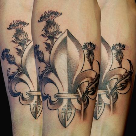 Awesome Black And Grey Fleur De Lis Tattoo On Arm Sleeve