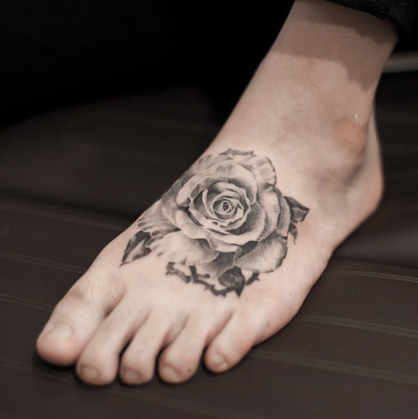 Awesome Blackwork Rose Foot Tattoo By River